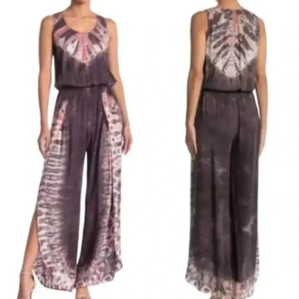 Young Fabulous & Broke Brown Sleeveless Tie Dye Flowy Split Leg Jumpsuit Size S